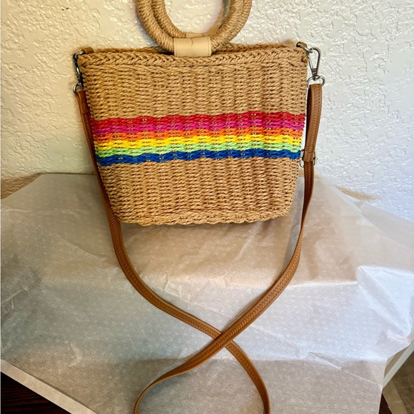 Colorful Straw Tote Bag with Rainbow Stripe - Picture 1 of 3